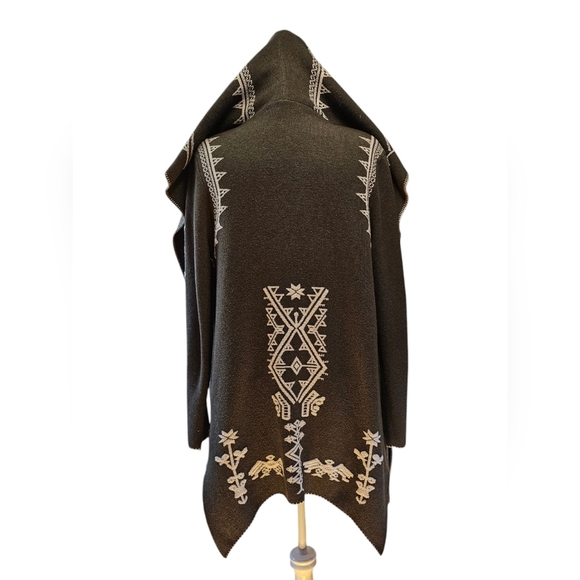 Olive Green Vertigo Long Open Drape Sweater Jacket with Hood Aztec Print Size M - Picture 4 of 9